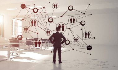 3D ofis içi ve sosyal bağlantı kavramındaki zarif iş adamı. Karışık ortam