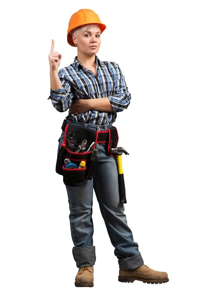 Hermosa Mujer Constructora Profesional Hardhat Con Dedo Apuntando Hacia Arriba —  Fotos de Stock