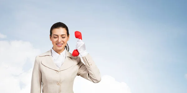 Young Business Woman Holding Red Retro Phone Closed Eyes Call — Stock Photo, Image