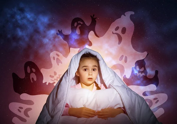 Excited Girl Hiding Blanket Imaginary Ghosts Scared Kid Sitting His — Stock Photo, Image