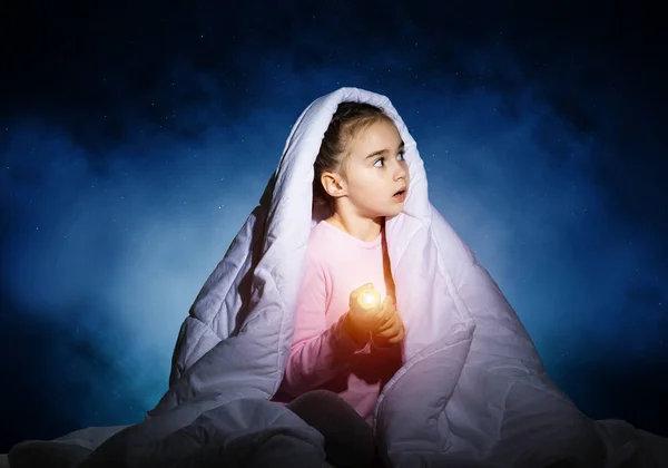 Frightened Girl Flashlight Hiding Blanket Scared Kid Lying His Bed — Stock Photo, Image
