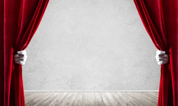 Close Hands White Glove Open Red Velvet Curtain — Stock Photo, Image