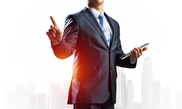 Handsome Businessman Standing Finger Pointing Something Front View Man Business Stock Image