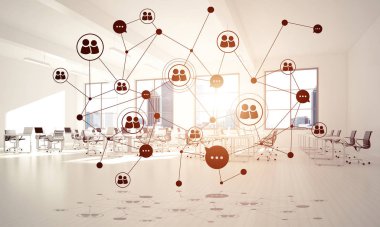 Noktalarla bağlantılı çizgiler ofis içi sosyal iletişim konsepti olarak. 3B görüntüleme