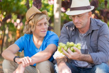 Şarap üreticilerinin babası bu deneyimi oğluyla üzüm bağında paylaşıyor. Aile şaraphanesi. Hasır şapkalı şarap tüccarı çocukla konuşuyor. İki kuşak şarap tüccarı bir arada. Bahçıvanlık ve tarım kavramı