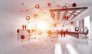 Noktalarla bağlantılı çizgiler ofis içi sosyal iletişim konsepti olarak. 3B görüntüleme