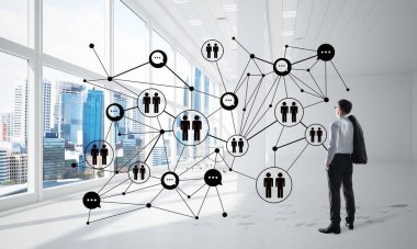 3D ofis içi ve sosyal bağlantı kavramındaki zarif iş adamı. Karışık ortam