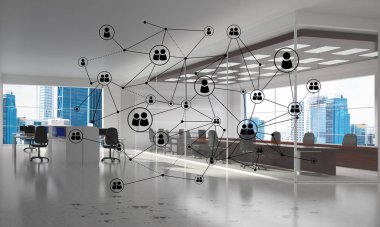 Noktalarla bağlantılı çizgiler ofis içi sosyal iletişim konsepti olarak. 3B görüntüleme