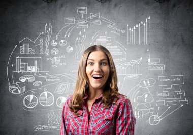 Gülümseyen güzel bir kız. Duygusal genç kadın yüz ifadesini şaşırttı. Finansal tablolar ve gri duvara iş karalamaları. Hoş bir kızın portresi kırmızı kareli gömlek giyer..