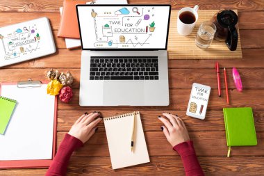 Çalışma alanı ile eğitim konsepti zamanı. Düz tahta masa, dizüstü bilgisayar, kadın eli ve bir fincan kahve. Bilgisayarda çalışan bir iş kadını. Çevrimiçi webinar ya da konferans web yayını
