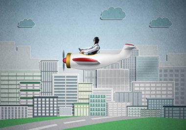 Duygusal pilot küçük pervane düzlemde oturuyor. Karikatür şehir illüstrasyon arka planda retro uçak sürüş Aviator. Yüksek gökdelenler ve ofis binaları ile modern şehir merkezi.