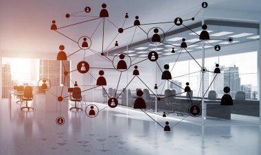 Noktalarla bağlantılı çizgiler ofis içi sosyal iletişim konsepti olarak. 3B görüntüleme