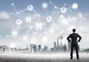 Modern şehir manzarası ve bağlantı konseptine bakan işadamlarının arka planı