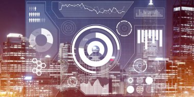 Gece parlayan şehre karşı sanal arayüzü olan arkaplan kavramsal görüntüsü