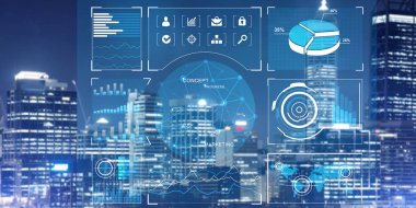 Gece parlayan şehre karşı sanal arayüzü olan arkaplan kavramsal görüntüsü