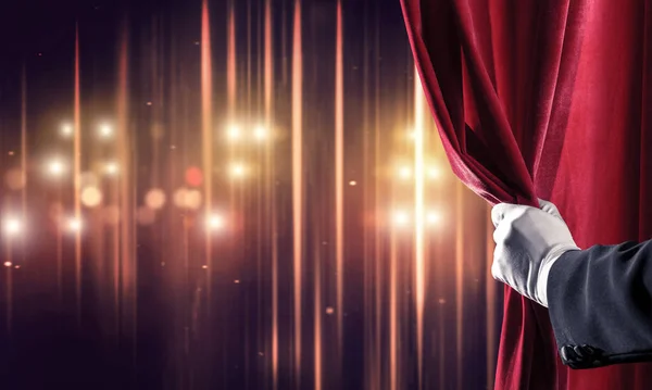 Close Hand White Glove Open Red Velvet Curtain Stage — Stock Photo, Image