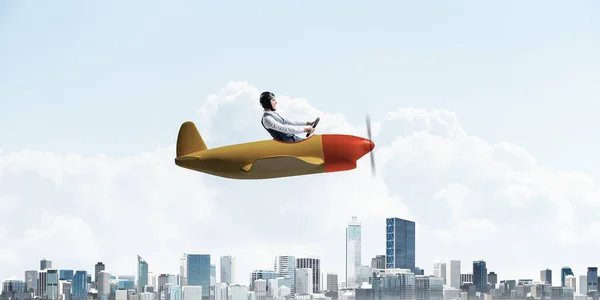 Business Leadership Motivazione Concetto Con Pilota Seduto Cabina Piccolo Aereo — Foto Stock