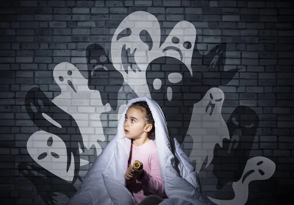 Excited Girl Hiding Blanket Imaginary Ghosts Scared Kid Sitting His — Stock Photo, Image