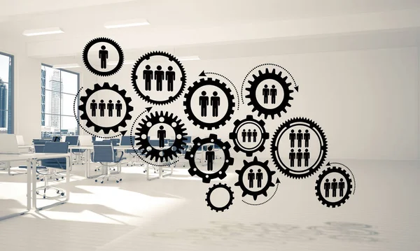 Cogwheels and gears mechanism as social communication concept in office interior. 3D rendering