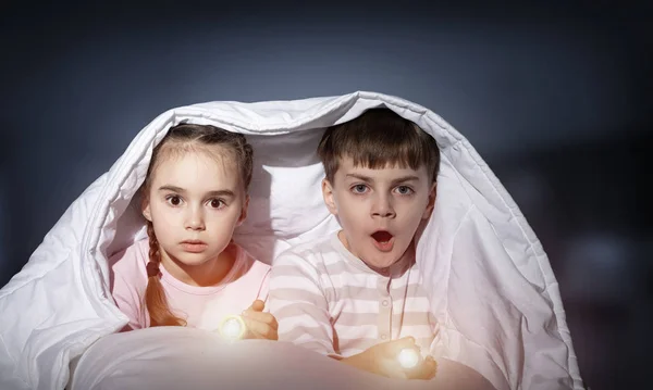Yatakta Feneri Olan Korkmuş Çocuklar Küçük Kız Erkek Kardeş Battaniyenin — Stok fotoğraf