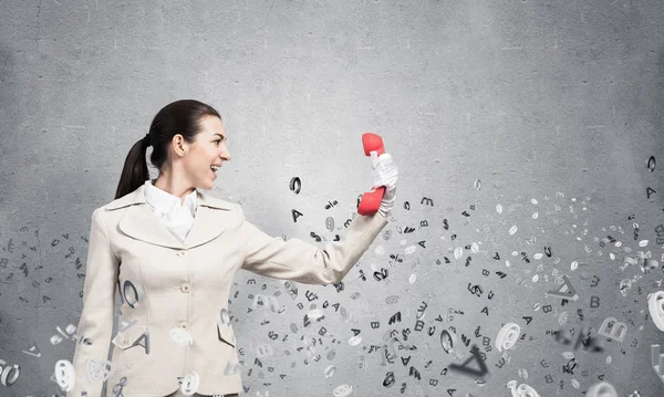 Young Expressive Woman Screaming Retro Red Phone Grey Wall Background — Stock Photo, Image