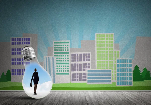 Businesswoman Light Bulb City Drawn Concept — Stock Photo, Image