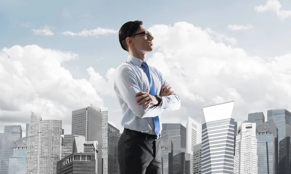 Young Elegant Businessman Arms Crossed Chest Looking Away — Stock Photo, Image