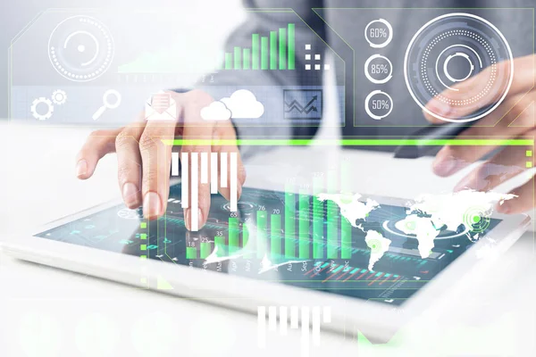 Businessman hands using tablet computer. Digital marketing media or financial diagrams in virtual screen. 3D chart floating above digital tablet computer screen. Modern smart technology in business