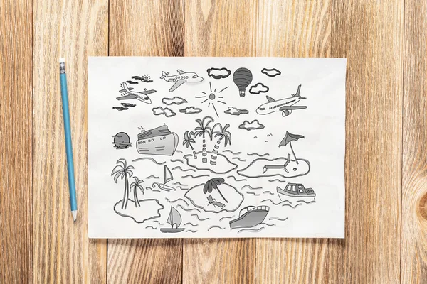 Summertime vacation at sea pencil hand drawn with group of traveling doodles. Tropical recreatiation and ocean cruising symbols on white page. Top view of workplace with paper on wooden surface.
