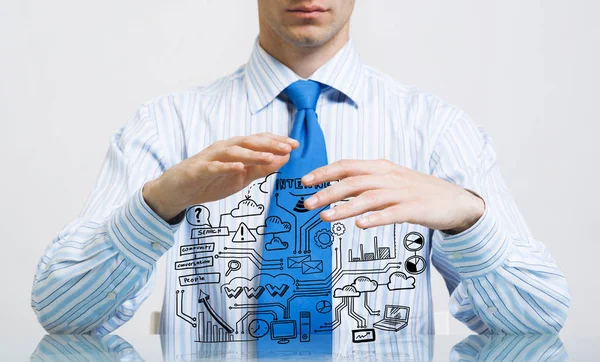 Businessman Table Presenting Business Sketched Plan Palm — Stock Photo, Image