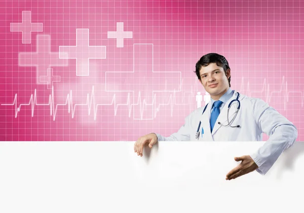 Young Handsome Doctor Holding White Blank Banner Place Your Text — Stock Photo, Image