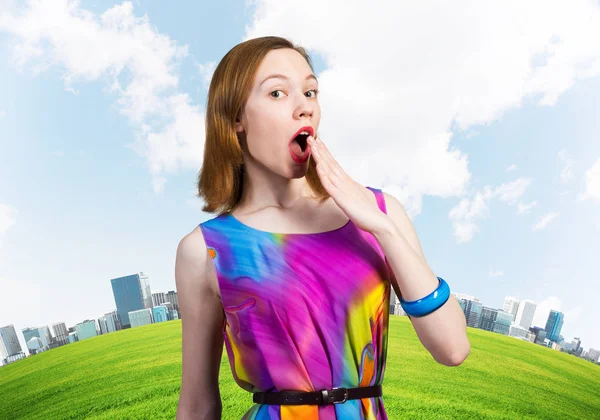 Surprised Young Female Model Red Hair Shocked European Woman Hiding — Stock Photo, Image