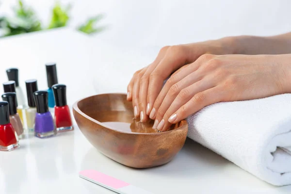 Closeup Female Hands Wooden Bowl Water Spa Procedure Relaxation Female — Stock Photo, Image