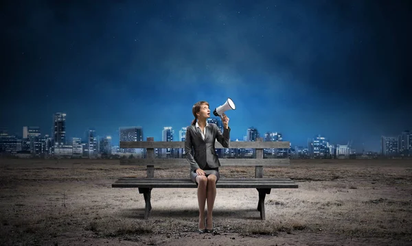 Business Woman Megaphone Sitting Wooden Bench Female Speaker Shouting Loudspeaker — Stock Photo, Image