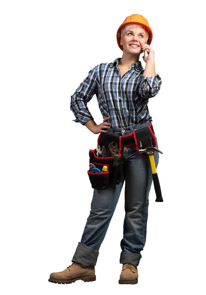 Mujer Rubia Atractiva Ropa Trabajo Hardhat Hablando Teléfono Inteligente Joven —  Fotos de Stock
