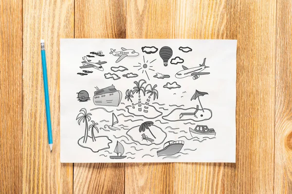 Summertime Vacation Sea Pencil Hand Drawn Group Traveling Doodles Tropical — Stock Photo, Image