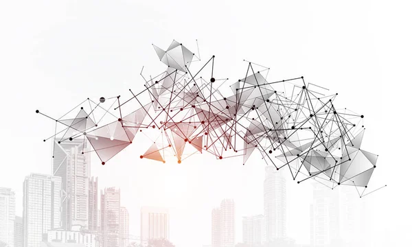 Abstract network with polygonal shapes on background of modern cityscape. Financial district and business center in smart city. Global network technology and successful business solution.
