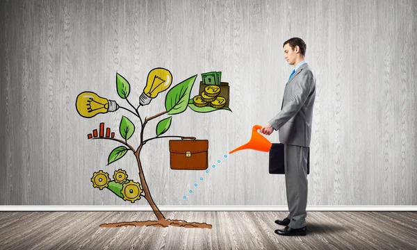 Businessman Watering Drawing Tree Can Green Plant Consisted Business Infographic — Stock Photo, Image