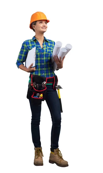 Ingeniero Civil Sonriente Casco Seguridad Sosteniendo Planos Papel Portapapeles Hermosa —  Fotos de Stock