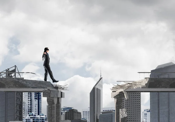 Businessman Walking Blindfolded Concrete Bridge Huge Gap Symbol Hidden Threats — Stock Photo, Image