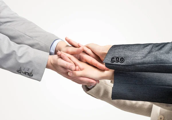 Close Businesspeople Putting Hands Together White Background — Stock Photo, Image