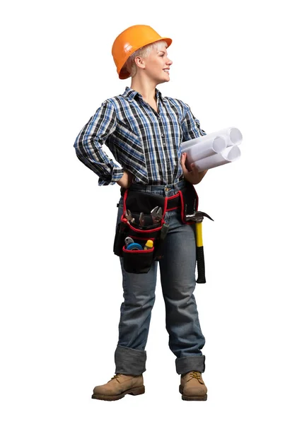 Attractive Female Engineer Hardhat Standing Technical Blueprints Portrait Young Architect — ストック写真