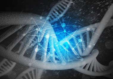 Dna molekülü araştırma kavramı, 3d render ile arka plan görüntüsü
