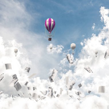 Renkli aerostats kağıt belgeler arasında ve mavi bulutlu gökyüzü üzerinde uçan. 3D render.
