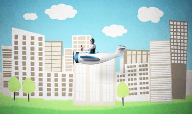 Uçak pilotu küçük pervane düzlemde oturan ve direksiyon tutan. Havacı şehir illüstrasyon arka planda retro uçak sürüş. Yüksek gökdelenler ve ofis binaları ile Cityscape.