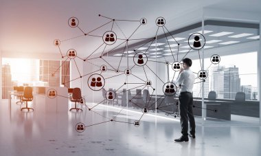 3D ofis içi ve sosyal bağlantı kavramındaki zarif iş adamı. Karışık ortam