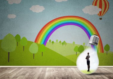 İçerideki ampulün içindeki iş kadını doğanın çizdiği konsepte karşı.