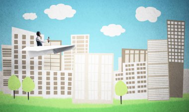 Kağıt tanuçakla uçan uçak pilotu. Havacı şehir illüstrasyon arka planda kağıt uçak sürüş. Yüksek gökdelenler, yeşil çimenler ve ağaçlar ile Karikatür cityscape. Karma medya kavramı