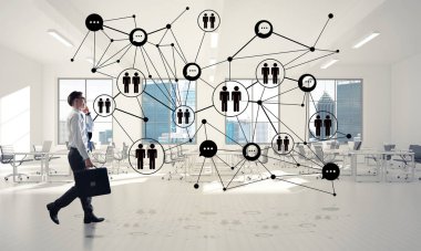 3D ofis içi ve sosyal bağlantı kavramındaki zarif iş adamı. Karışık ortam