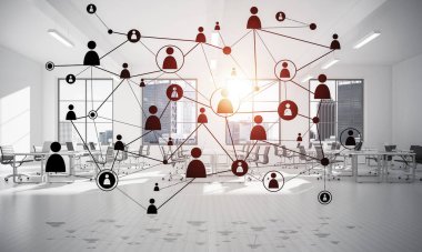 Noktalarla bağlantılı çizgiler ofis içi sosyal iletişim konsepti olarak. 3B görüntüleme